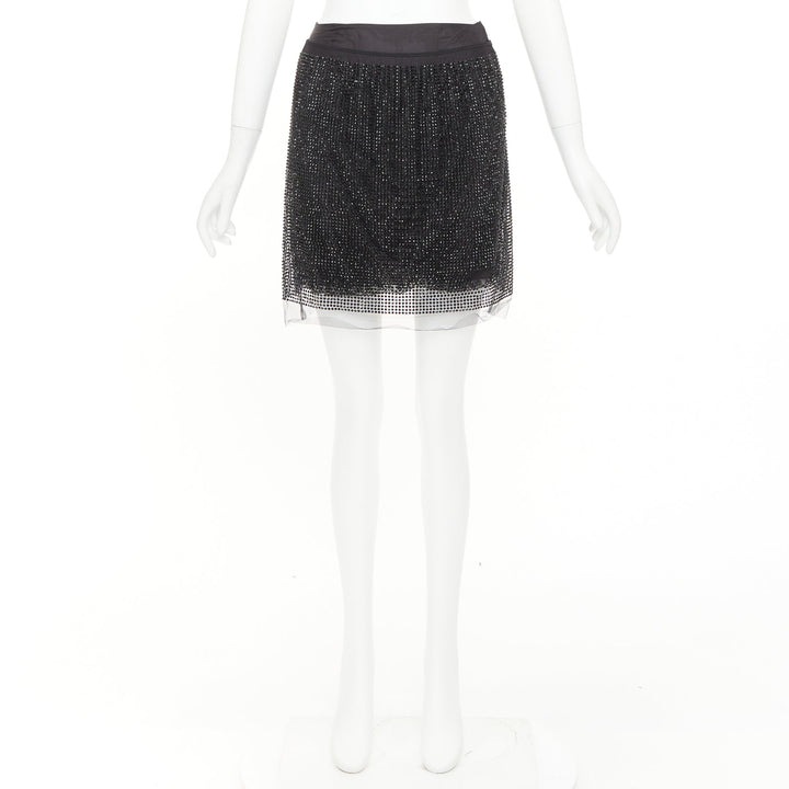 PRADA 2021 black crystal strass embellished cut out lace mini skirt IT38 XS