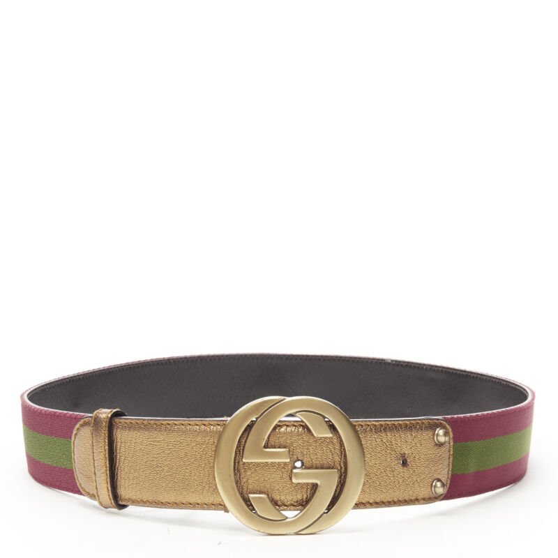 GUCCI gold GG metal buckle signature red green web nylon belt 85cm 34"