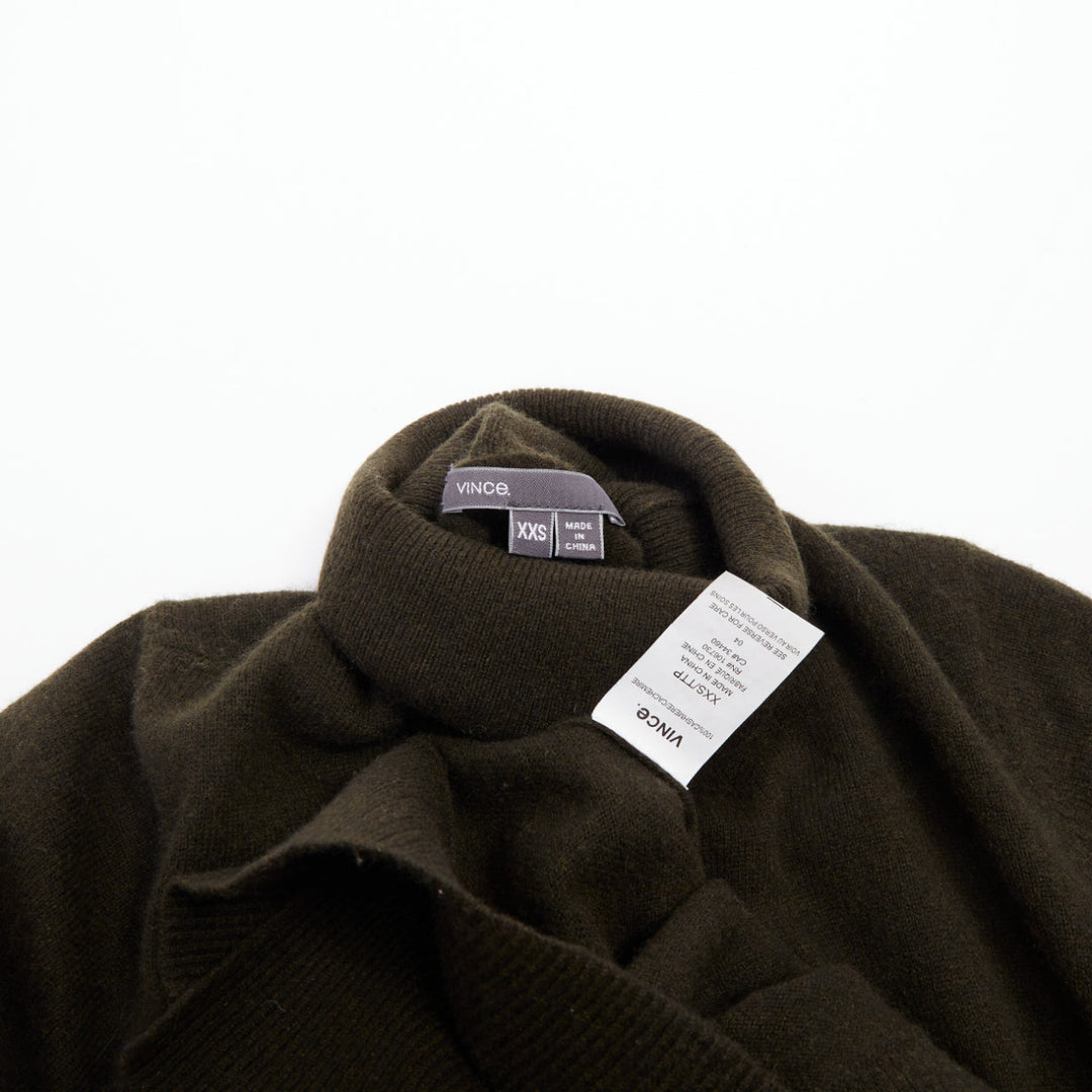 VINCE dark green cashmere rollneck side slit asymmetrical hem sweater XXS