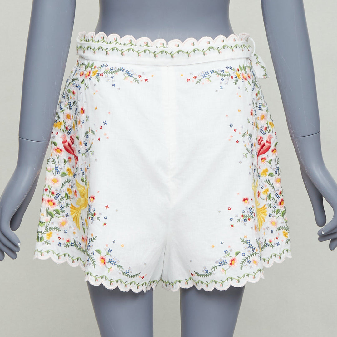 ZIMMERMANN Carnaby white linen cotton phoenix embroidery scallop shorts US2 S2