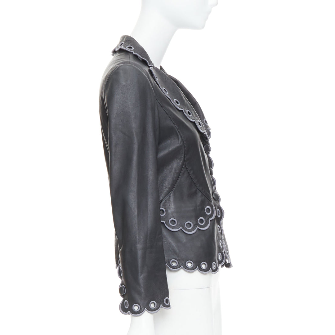 EMPORIO ARMANI 2009 black lambskin grey embroidered scalloped crop jacket IT40 S