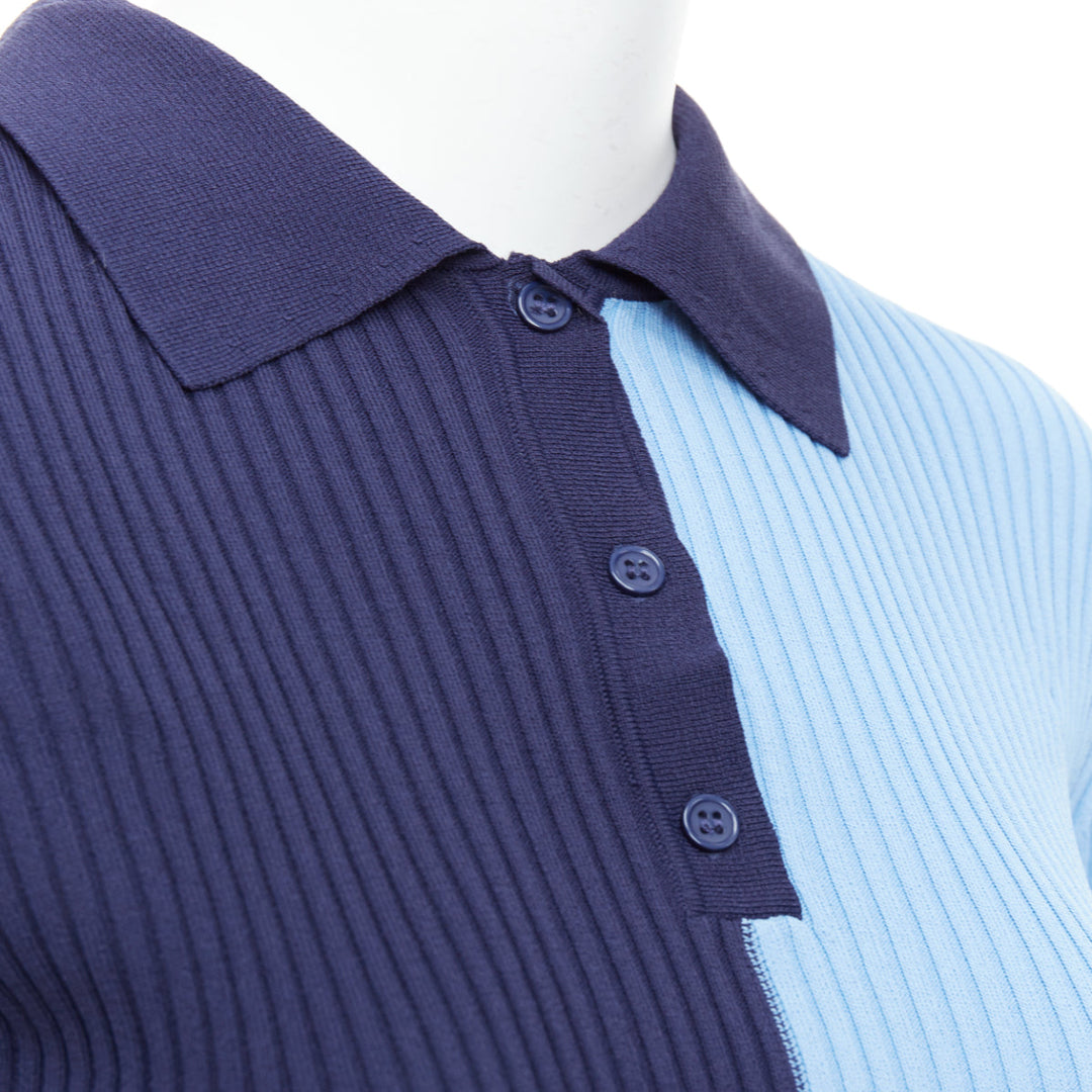 STAUD Brice blue bicolor ribbed side slits fitted polo top M