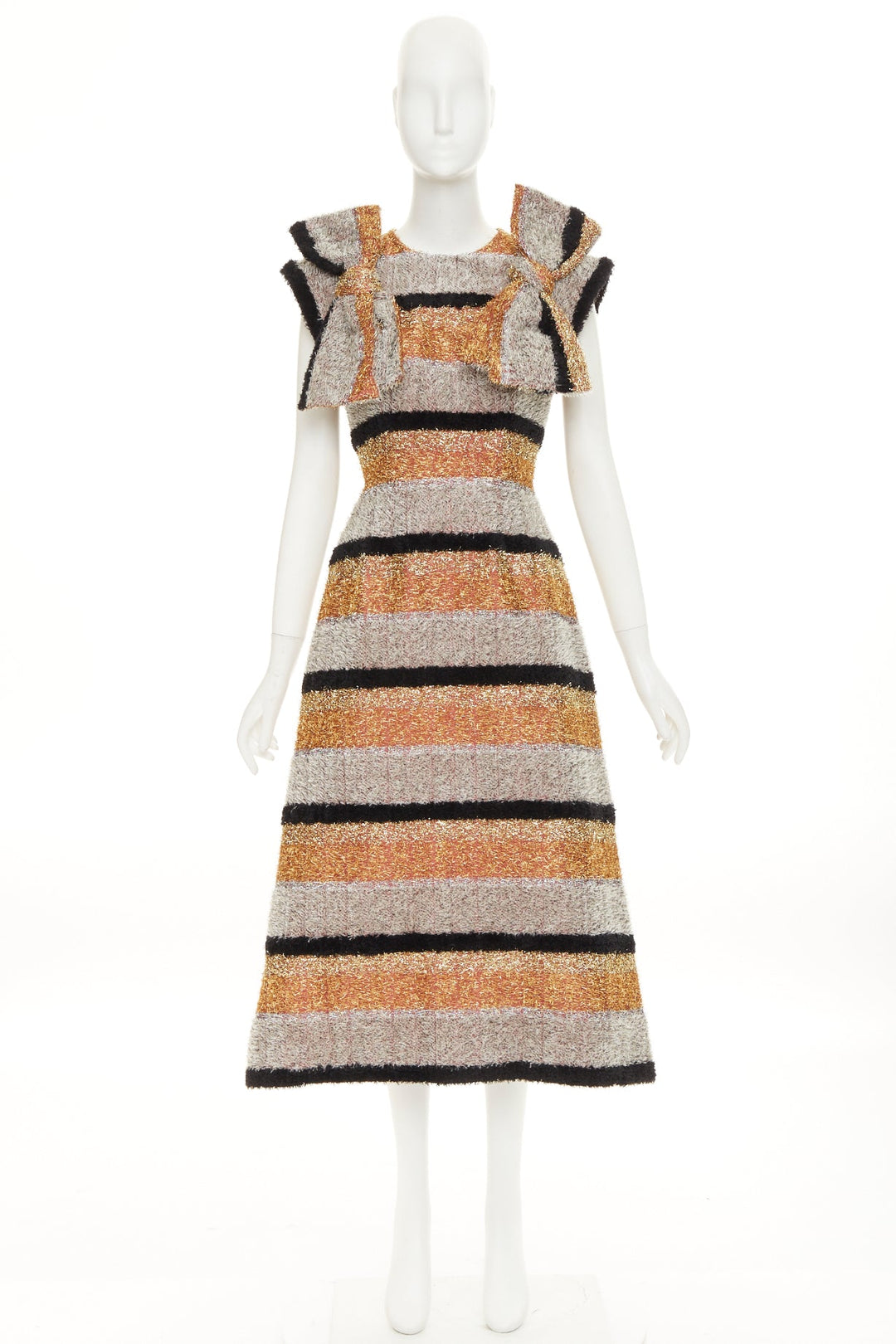 DOLCE GABBANA 2016 metallic tinsel striped ribbon bow fit flare dress IT40 S