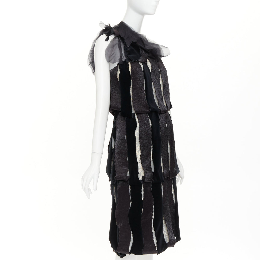 RODARTE 2007 Runway Vintage black velvet ribbon lace layered midi dress UK8 S