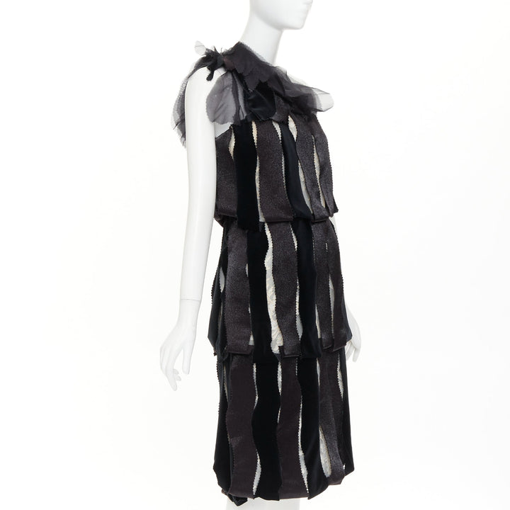 RODARTE 2007 Runway Vintage black velvet ribbon lace layered midi dress UK8 S
