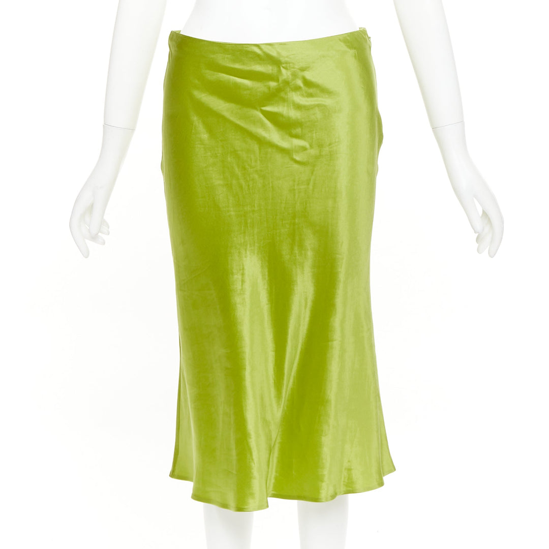 PRADA 2022 Runway fern green satin triangle logo trailing skirt IT38 XS