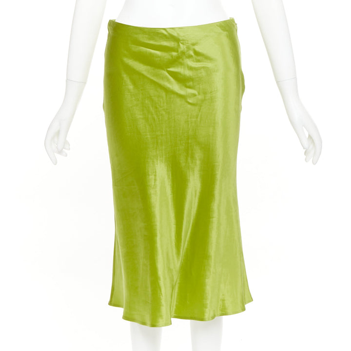 PRADA 2022 Runway fern green satin triangle logo trailing skirt IT38 XS