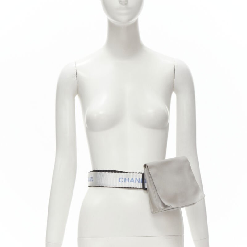 CHANEL 1990's Vintage silver nylon logo strap CC buckle square flap waist bag