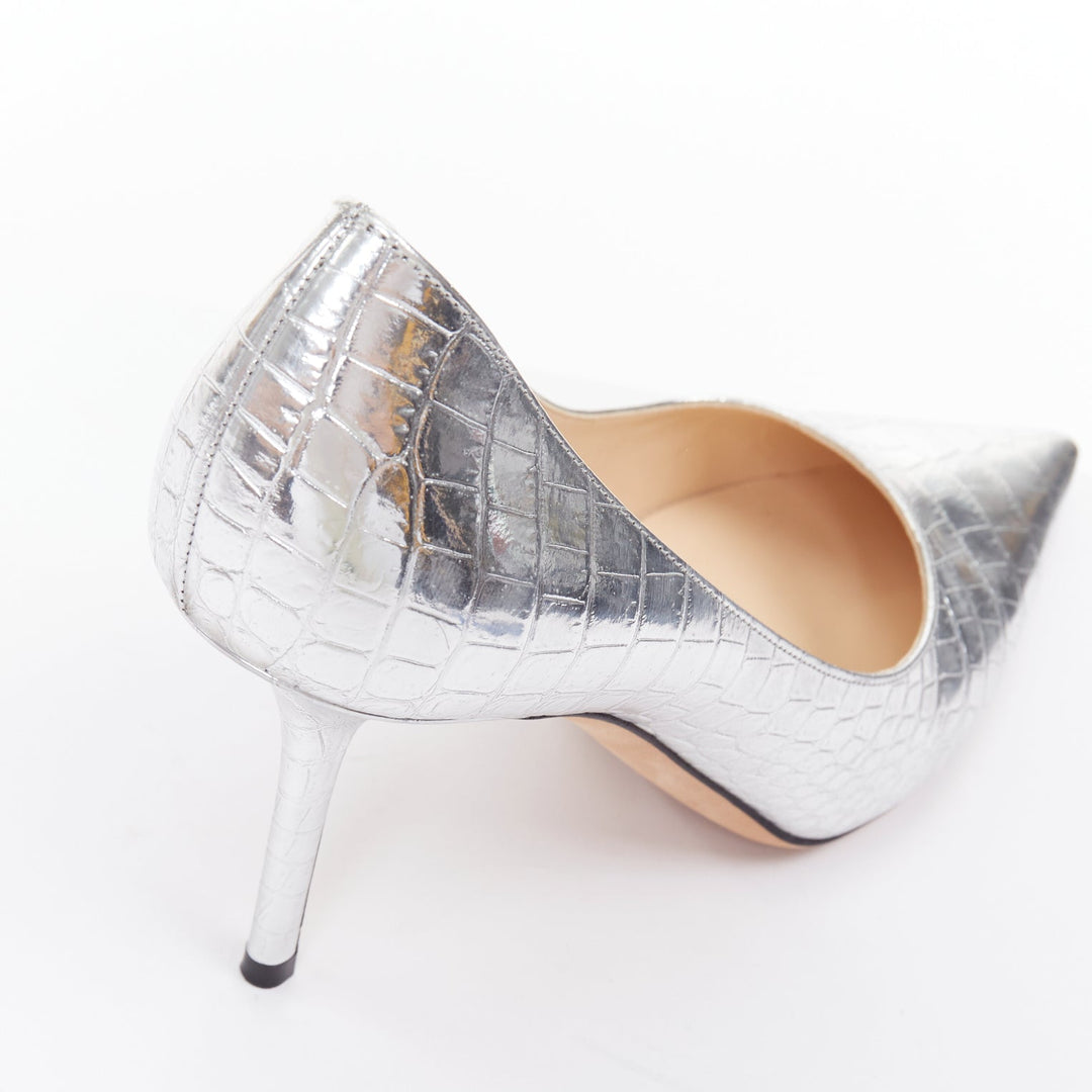 JIMMY CHOO Love mirrored silver croc embossed leather pointy pumps EU39.5