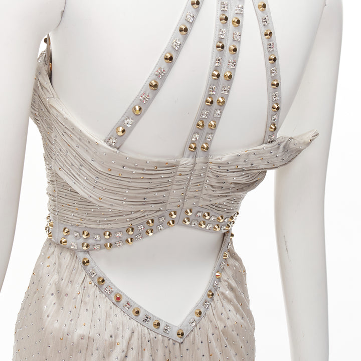 rare VERSACE 2011 Runway grey crystal embellished studded harness gown IT38 XS