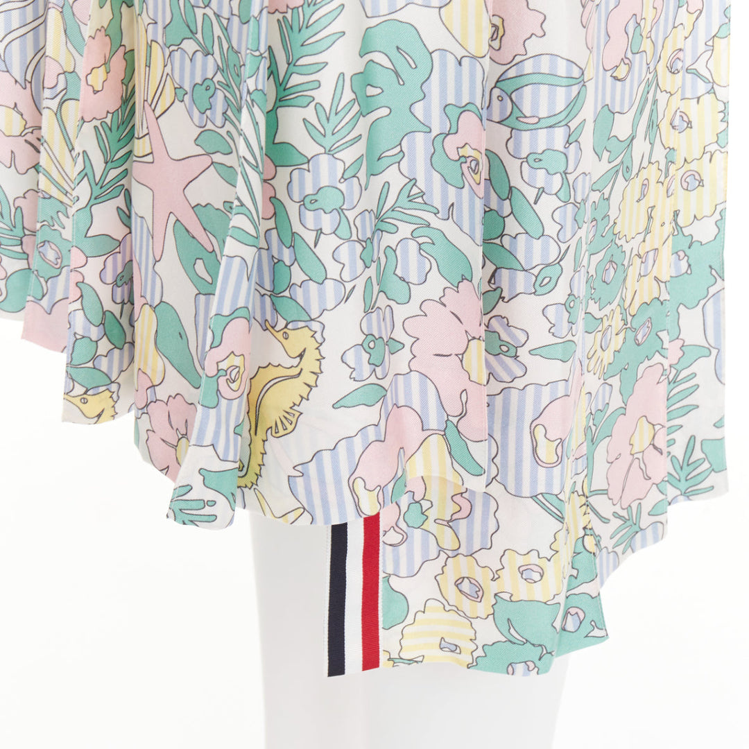 THOM BROWNE green pink yellow silk floral marine motif midi skirt IT36 XXS