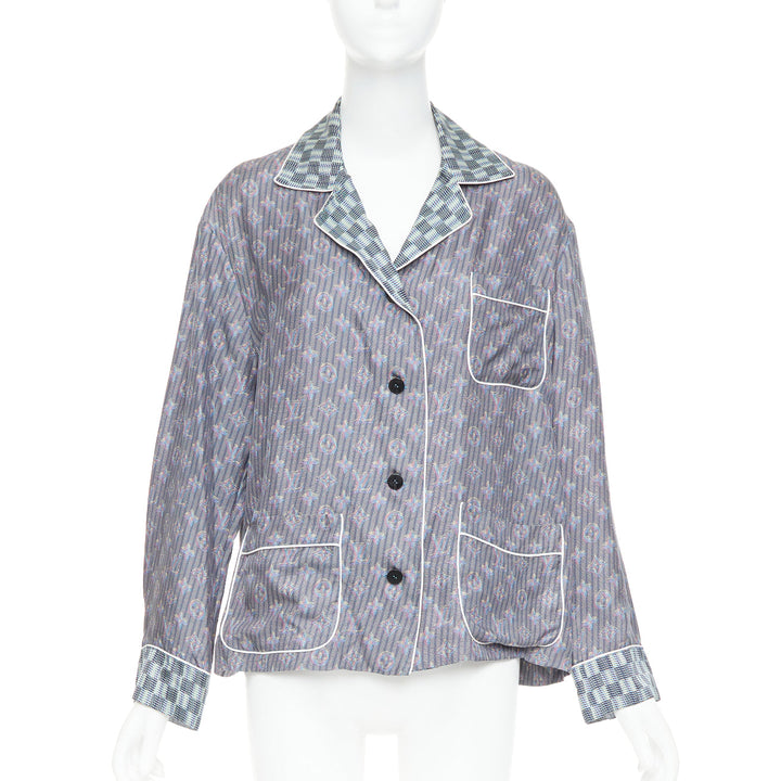 LOUIS VUITTON silk purple Damier Check Jacquard monogram pajama shirt FR36 S