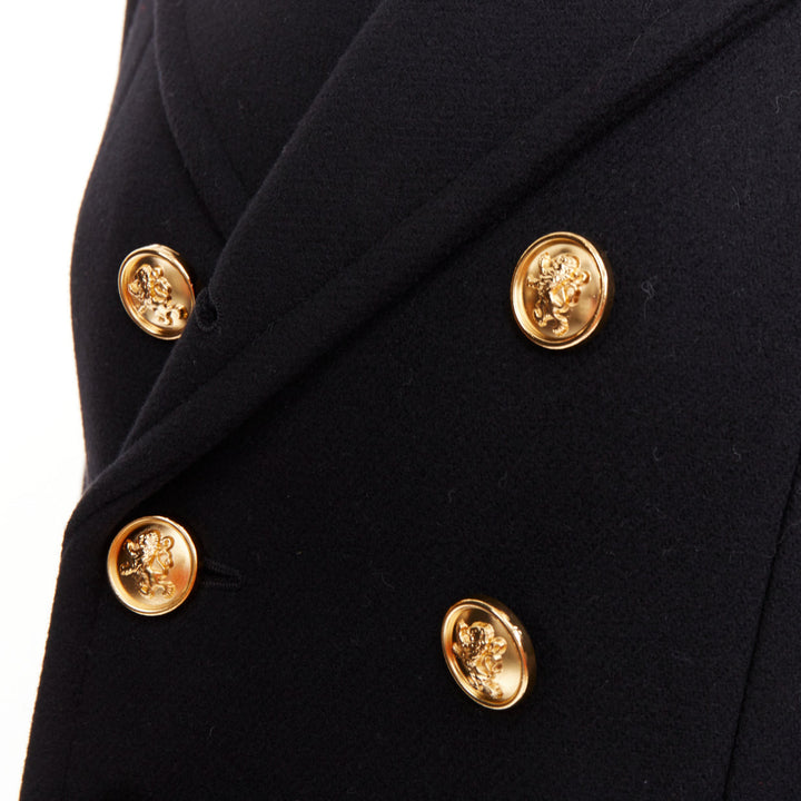 SAINT LAURENT 2016 black wool gold crest button military officer coat FR36