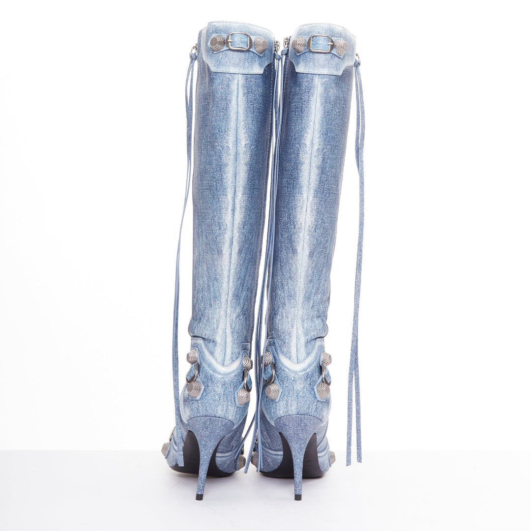 BALENCIAGA Cagole blue denim printed leather silver stud moto tall boots EU37
