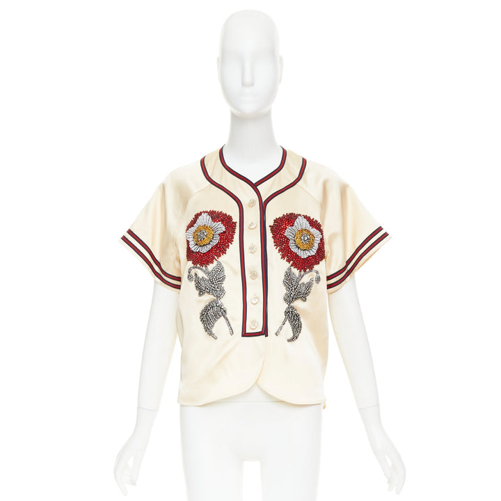 rare GUCCI 2016 Runway Crystal Rhinestone flower Loved baseball shirt IT38 XS