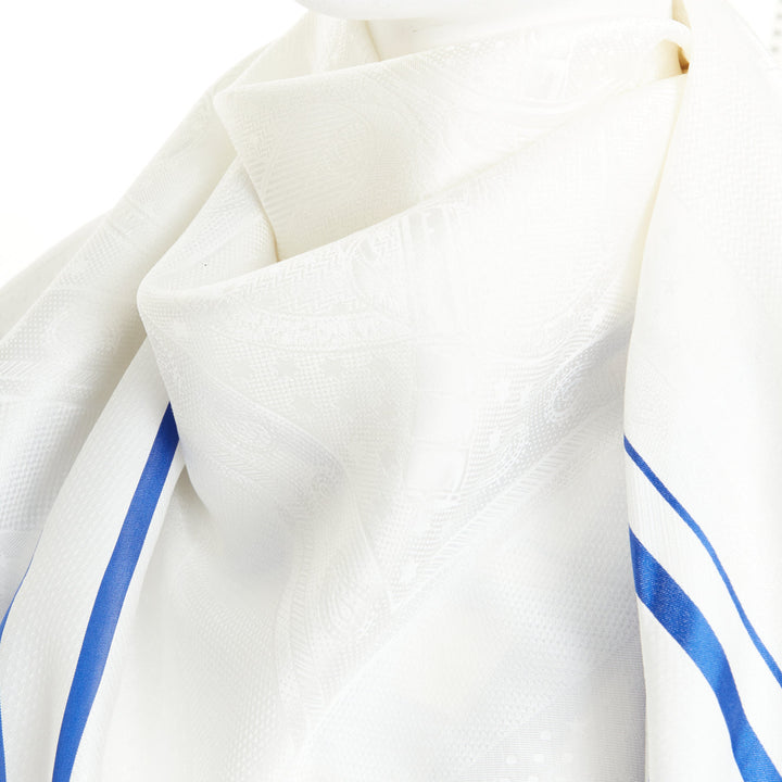 HERMES 90cm tone on tone damask white royal blue stripe frame border silk scarf