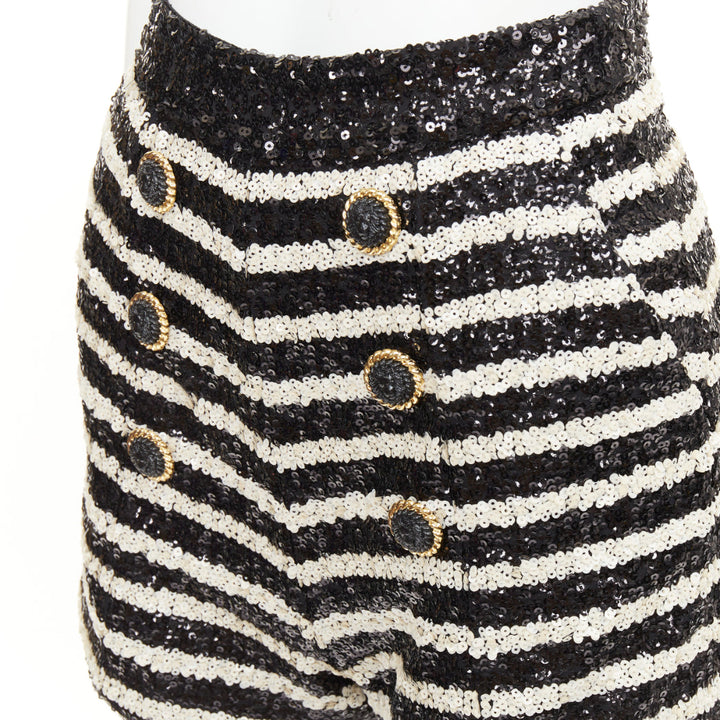BALMAIN 2024 stripe sequin gold lion button high waist hot shorts FR34 XS
