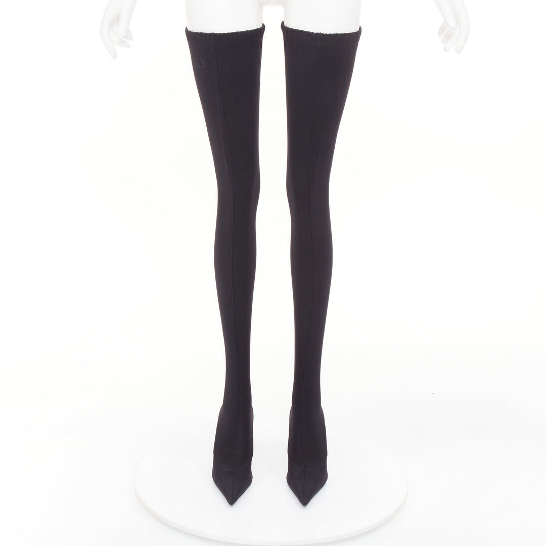 BALENCIAGA Demna Knife black crepe jersey BB embroidered thigh high boots EU38