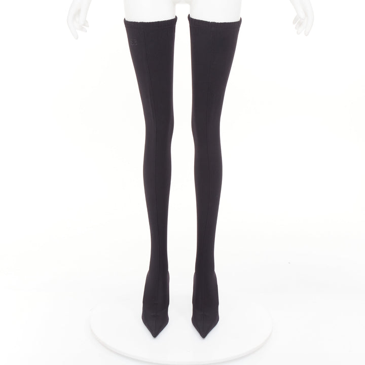 BALENCIAGA Demna Knife black crepe jersey BB embroidered thigh high boots EU38