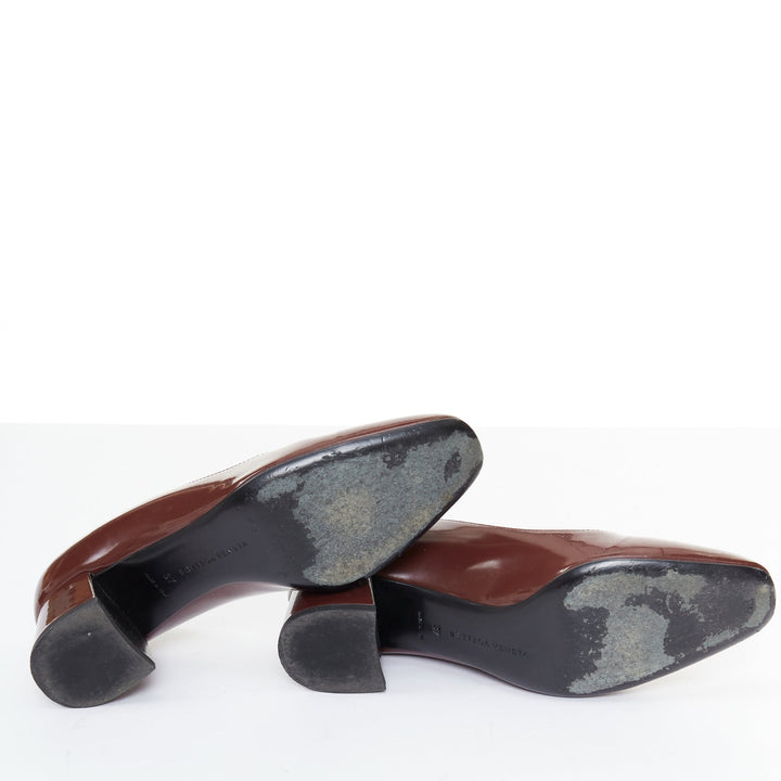 BOTTEGA VENETA burgundy patent leather intrecciato square toe block pumps EU37