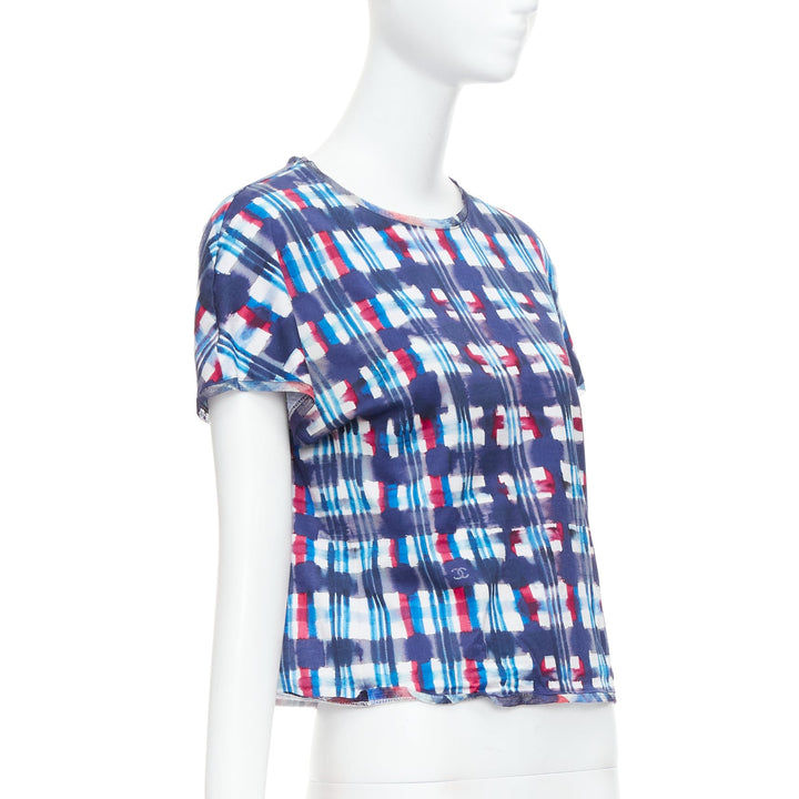 CHANEL 17P Runway blue red check CC logo print silk trim crop top FR36 S