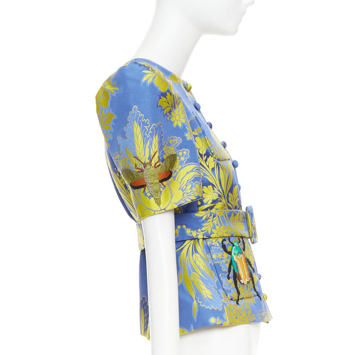 rare GUCCI 2017 blue yellow beetle embroidery floral jacquard belt jacket IT40 S