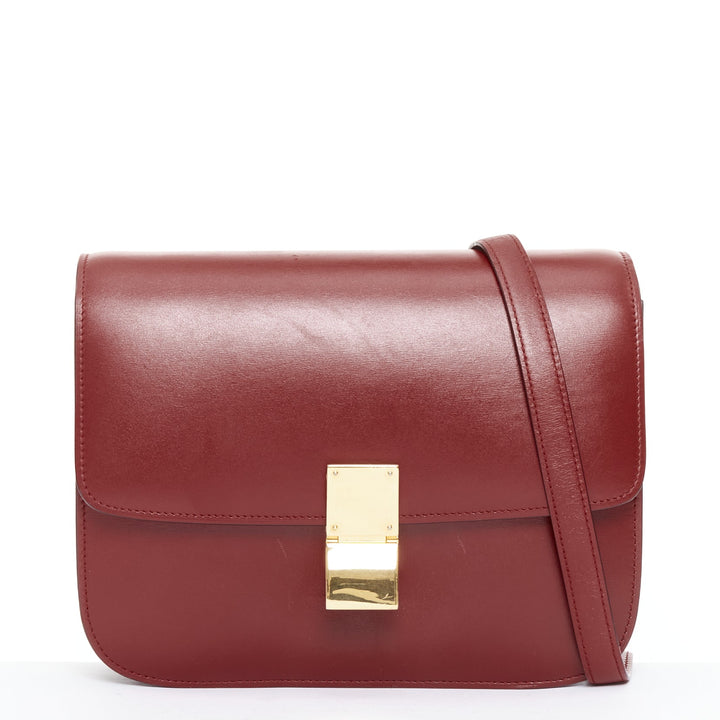 CELINE Classic Box burgundy smooth leather gold clasp crossbody messenger bag