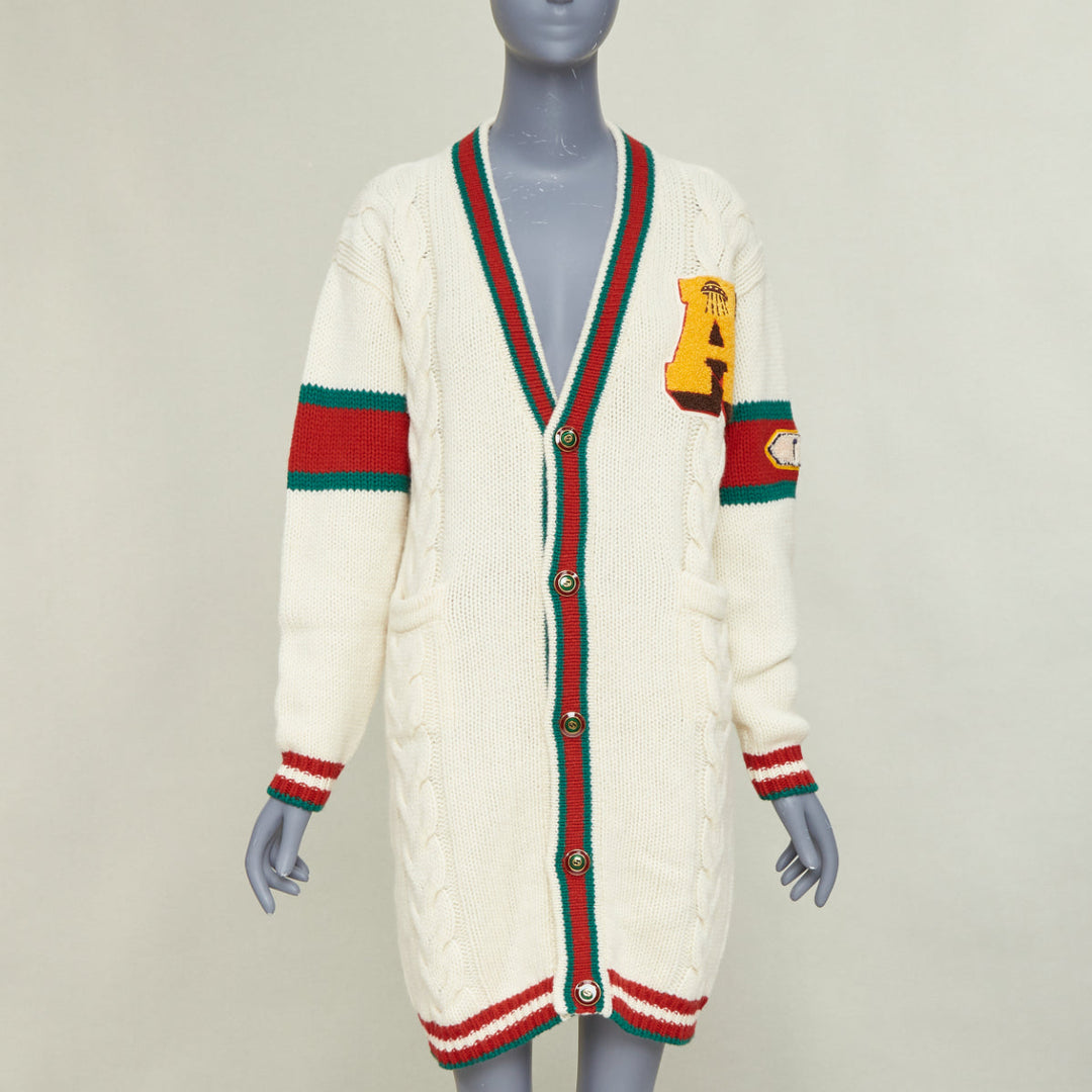 GUCCI 2018 cream wool A badge varsity long cardigan XXS Jennifer Lopez