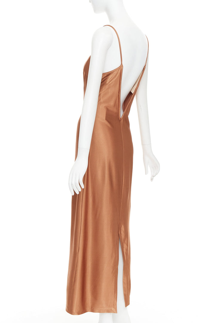 GALVAN Sahara cinnamon brown dipped open back satin dress FR40 M