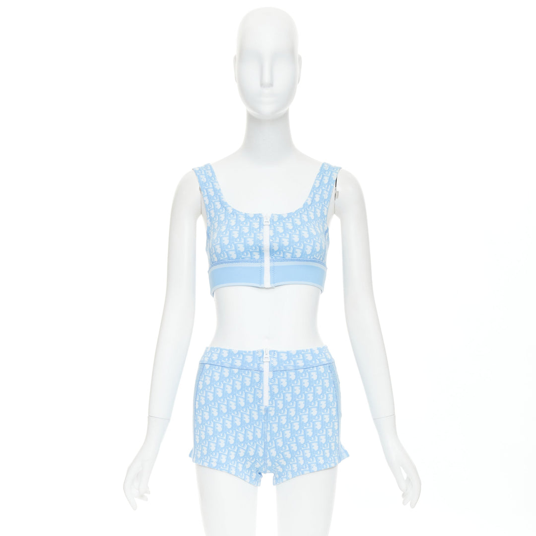 CHRISTIAN DIOR 2021 blue white Oblique monogram zip crop top shorts set FR34 XS