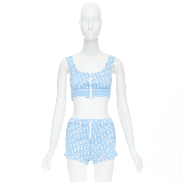 CHRISTIAN DIOR 2021 blue white Oblique monogram zip crop top shorts set FR34 XS