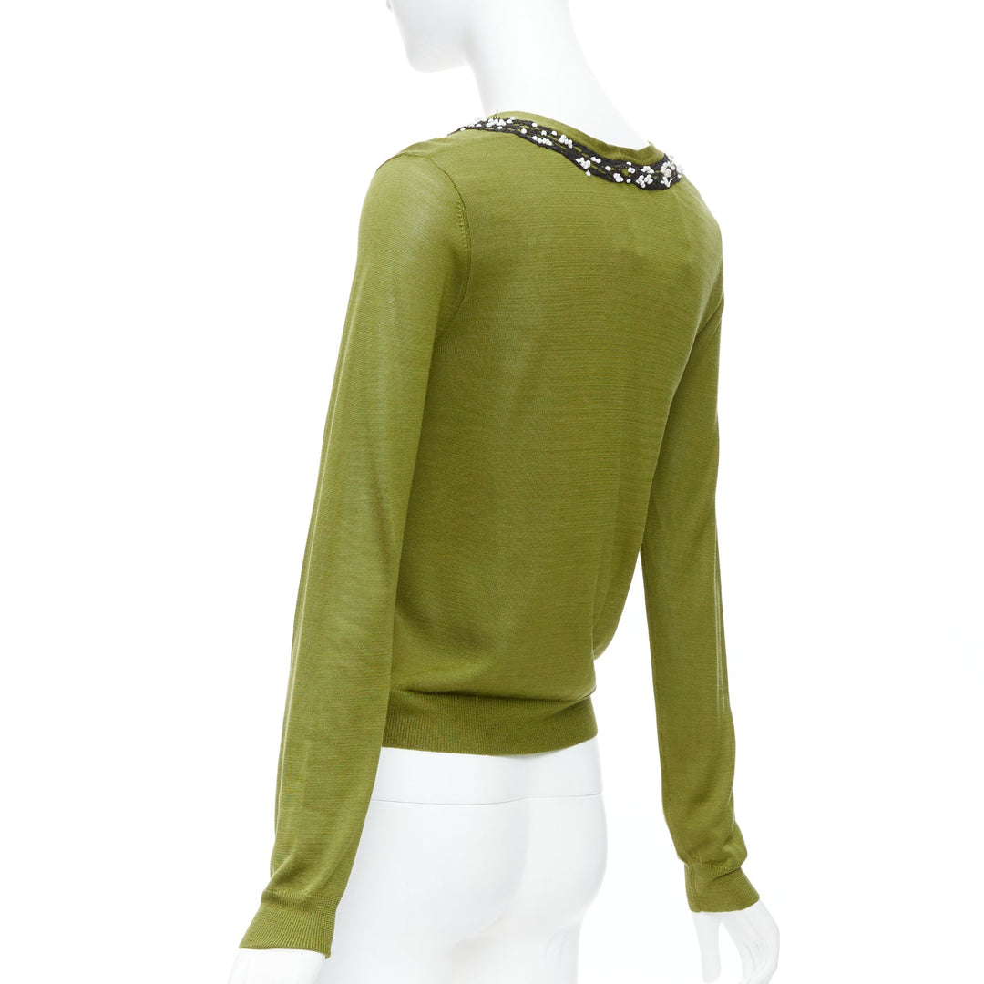 DRIES VAN NOTEN green silk linen bead applique cardigan sweater S