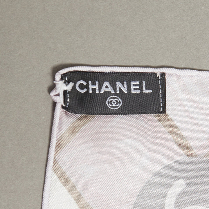 CHANEL 100% silk pink grey CC logo camellia flowers checkered pearl scarf 85cm