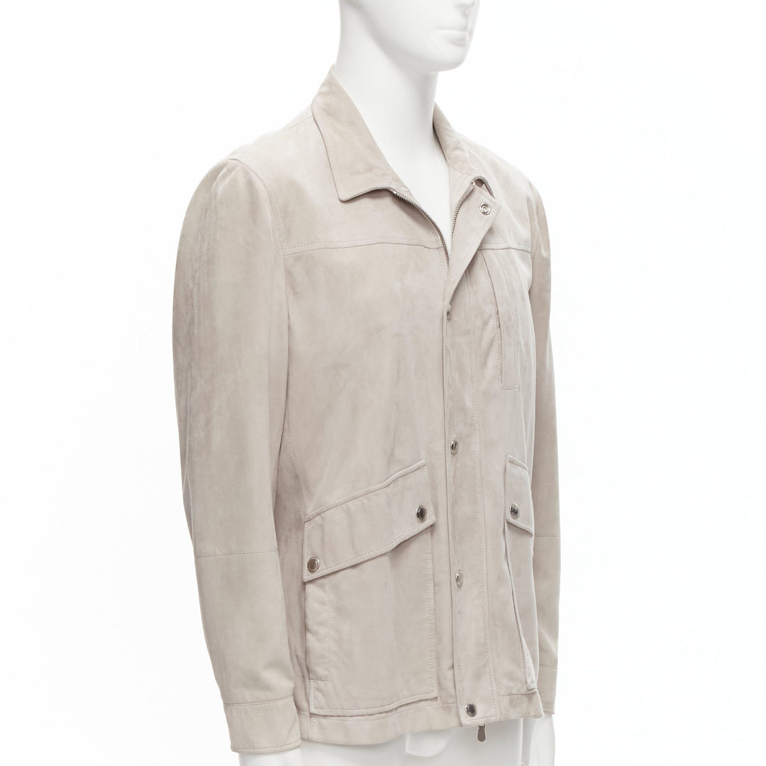 BRUNELLO CUCINELLI light grey genuine soft suede leather flap pocket jacket M