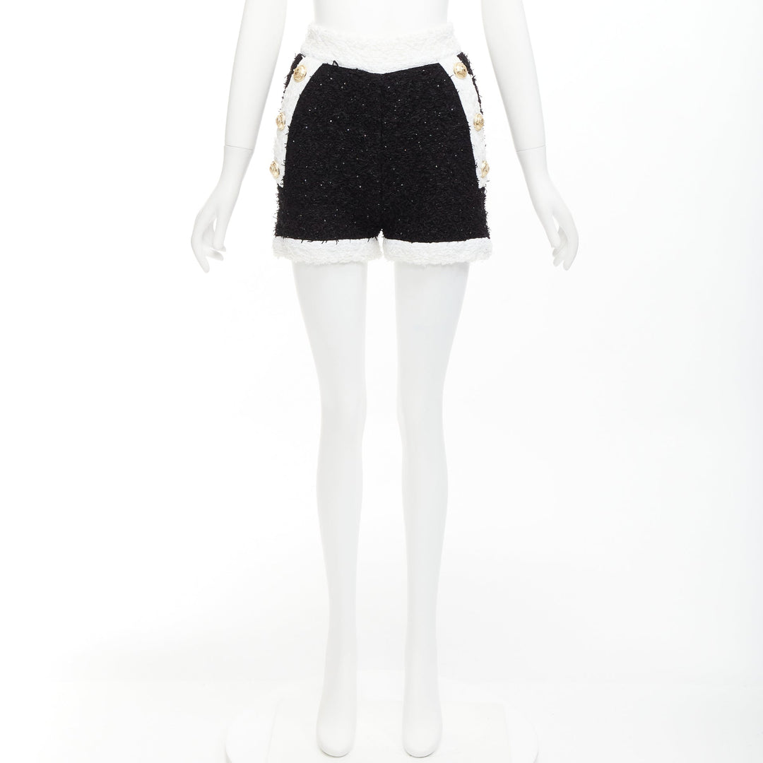 BALMAIN black white sequins tweed gold buttons zip high waisted shorts FR34 XS