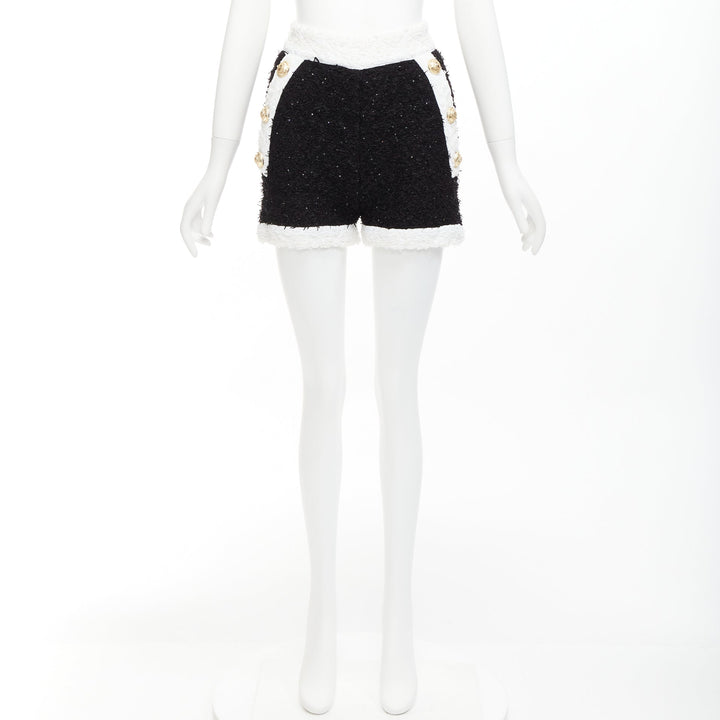 BALMAIN black white sequins tweed gold buttons zip high waisted shorts FR34 XS