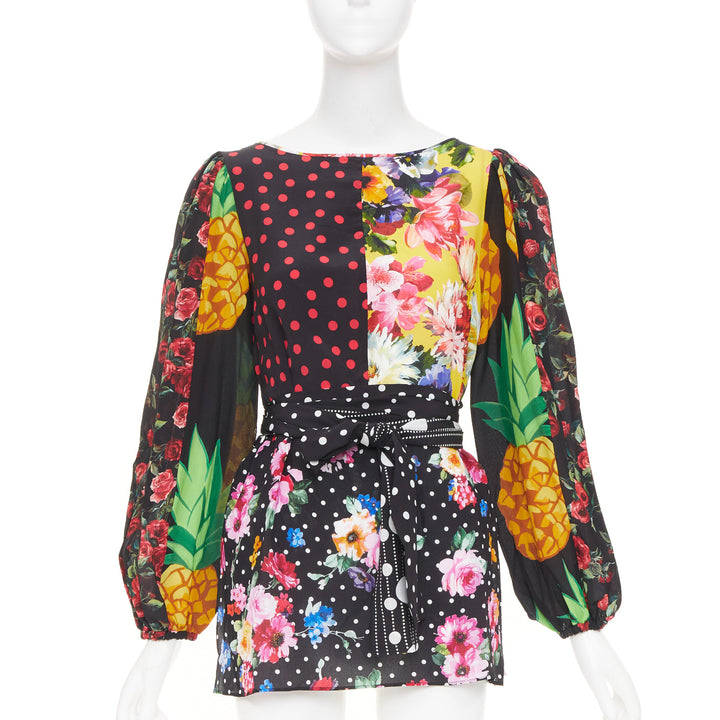 DOLCE GABBANA 2021 Runway patchwork floral pineapple polka dot silk top IT38 XS