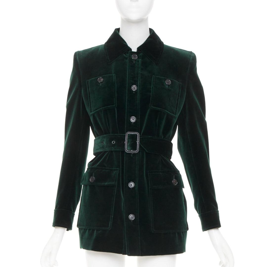 SAINT LAURENT 2025 Saharienne emeraude green belted cotton velvet jacket FR34 XS