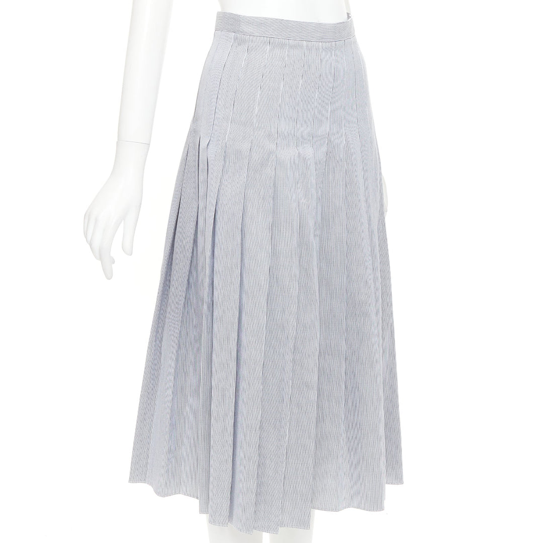 CELINE black white cotton striped box pleated high waist midi skirt FR36 S