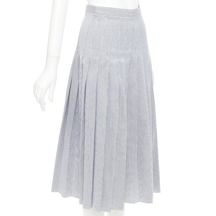 CELINE black white cotton striped box pleated high waist midi skirt FR36 S