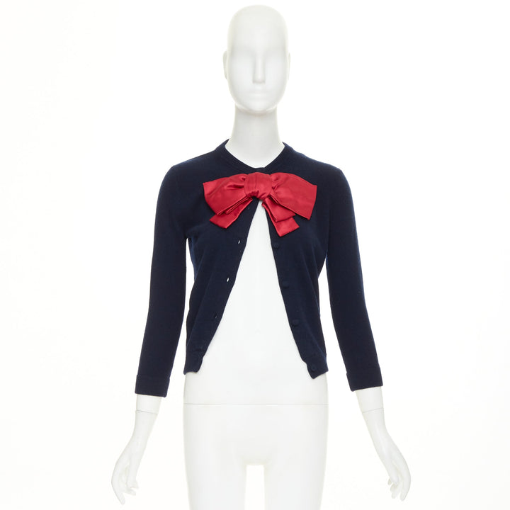 VALENTINO navy virgin wool oversized silk double duchesse satin bow cardigan XS