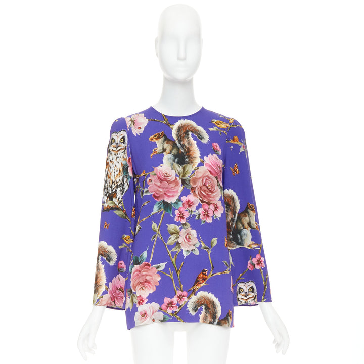 DOLCE GABBANA purple pink squirrel floral print cropped sleeve tunic top IT38 XS