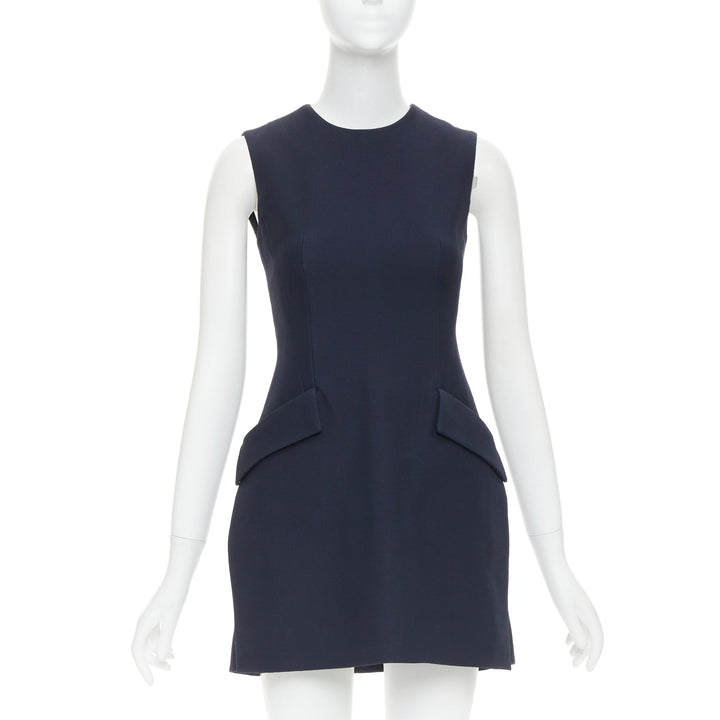 DIOR navy wool silk flap pocket darted slit sided sleeveless Aline dress FR34 XS