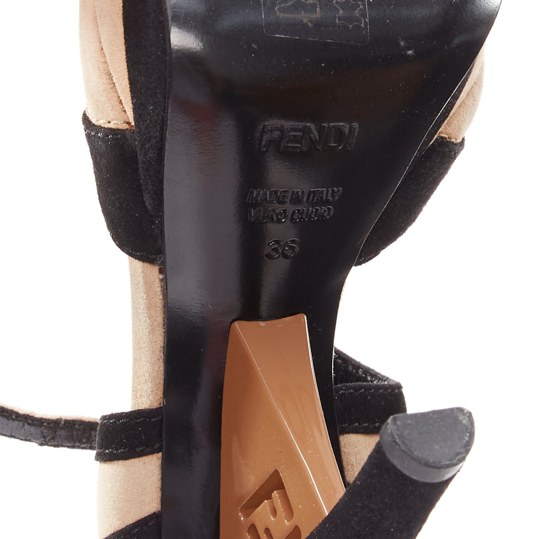 FENDI nude FF logo black suede leather architectural heel platform EU36