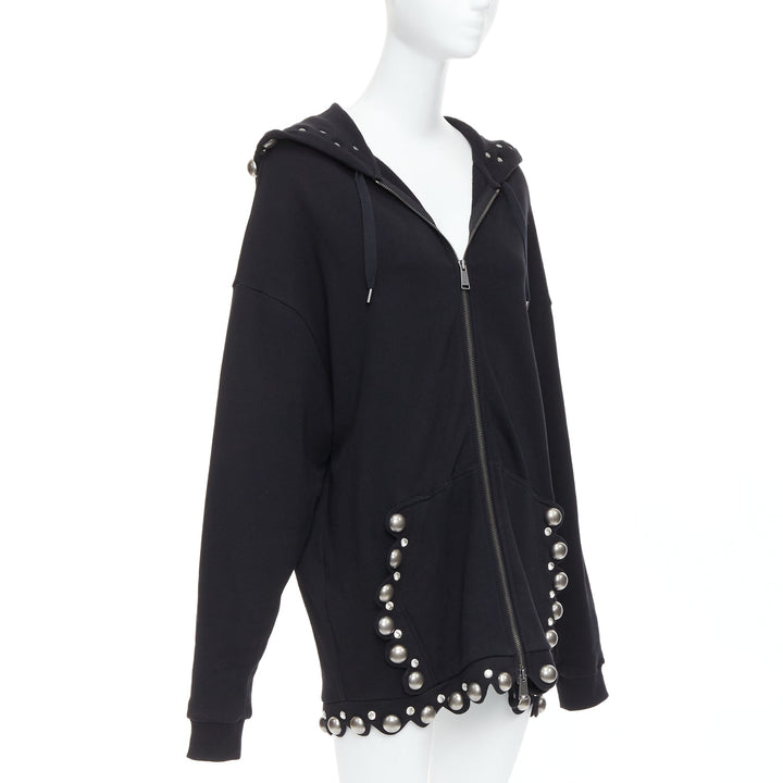 AREA Crystal Dome black cotton silver stud embellished hoodie XS