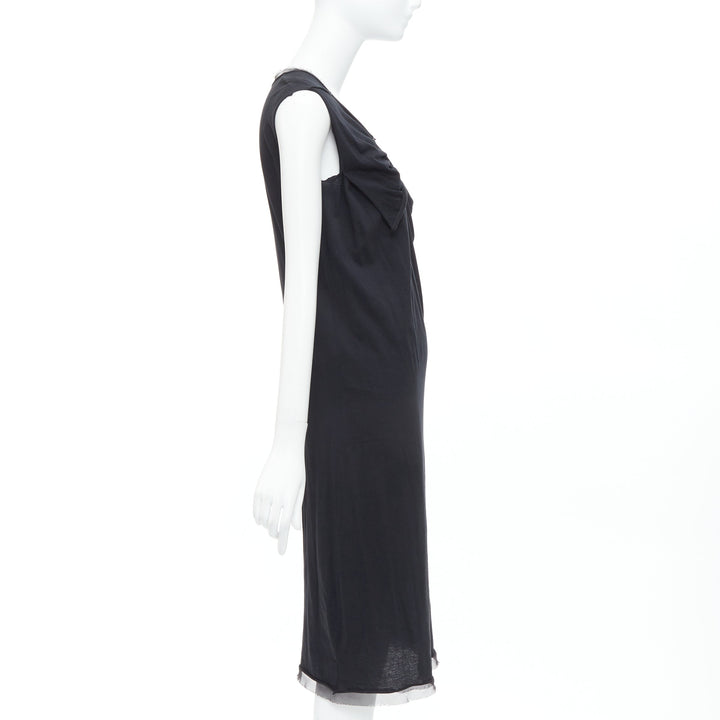 LANVIN black cotton silk trimmed asymmetric draped midi dress XXS