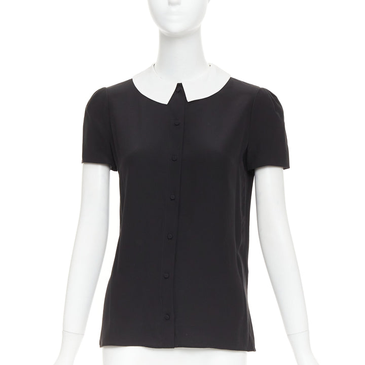 SAINT LAURENT 2014 black cream silk peter pan collar cap sleeve blouse FR36 S