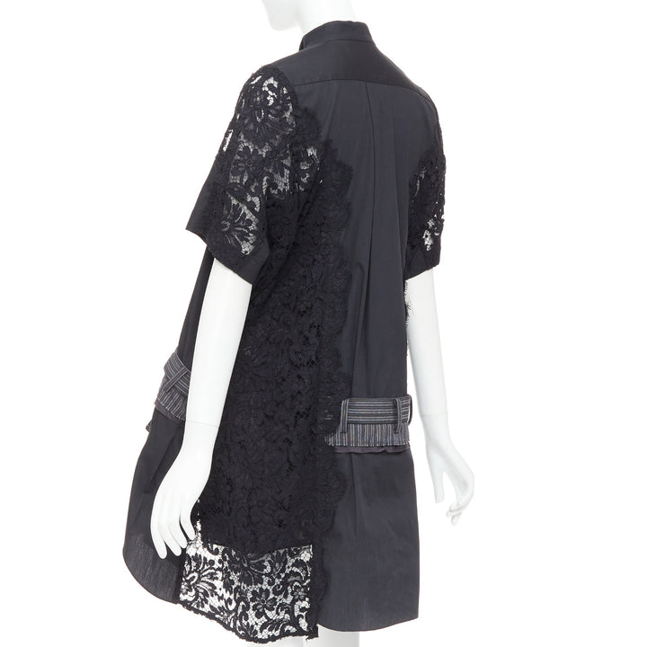 SACAI 2017 black lace trim panelled belt flared lined shirt dress JP1 S