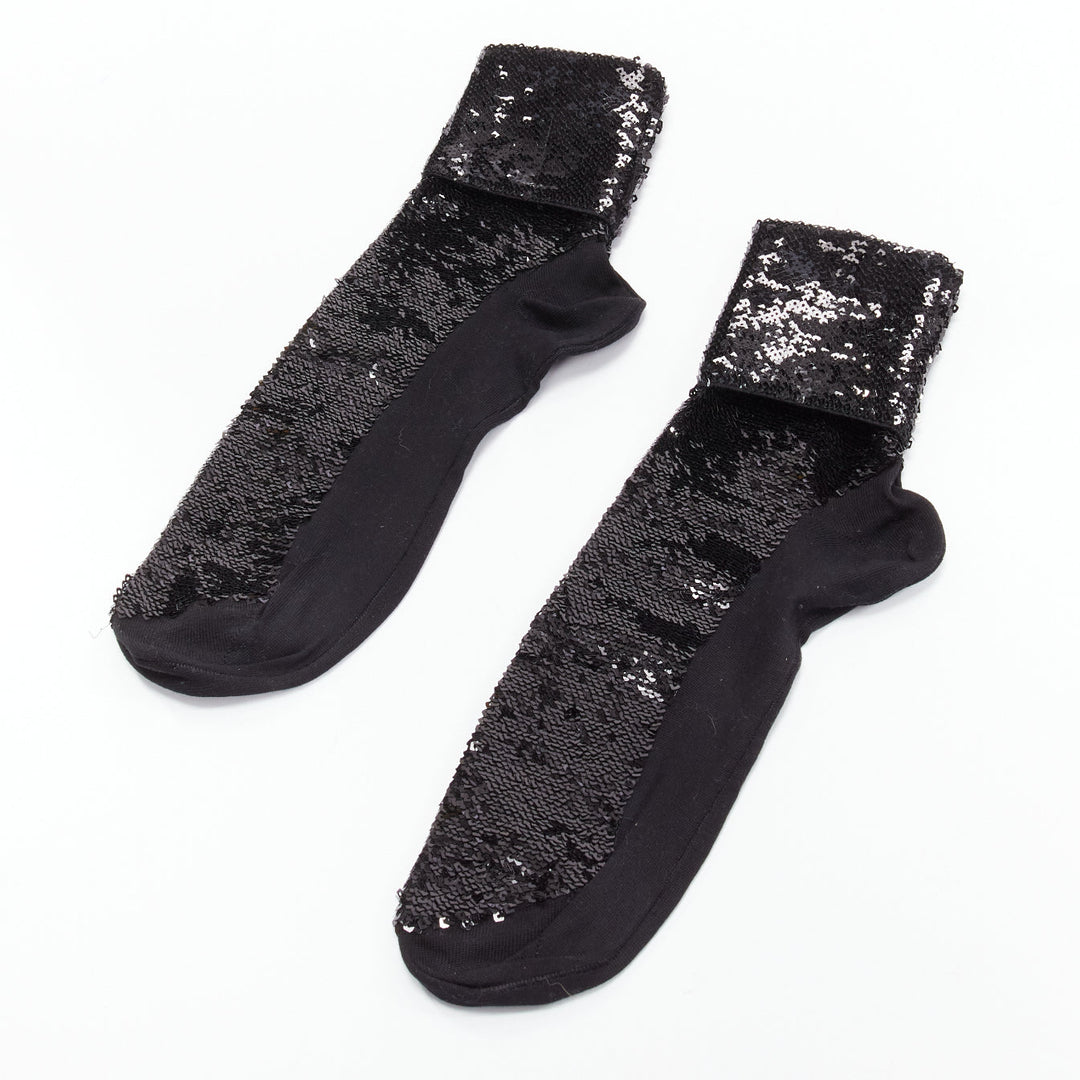 SAINT LAURENT 2016 black sequins cotton blend rolled cuffed socks EUR38