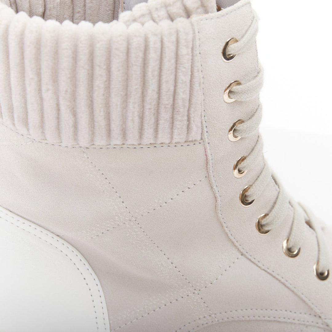 CHANEL 2020 white CC grey suede calfskin quilted combat boots EU38